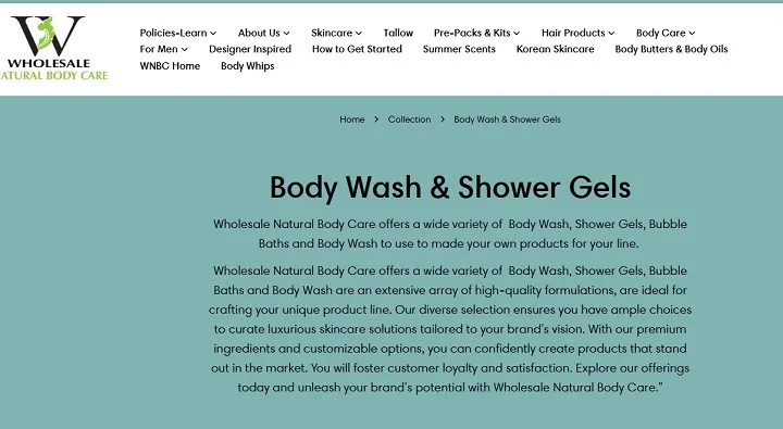 Website section featuring body wash and shower gels offered by Wholesale Natural Body Care.